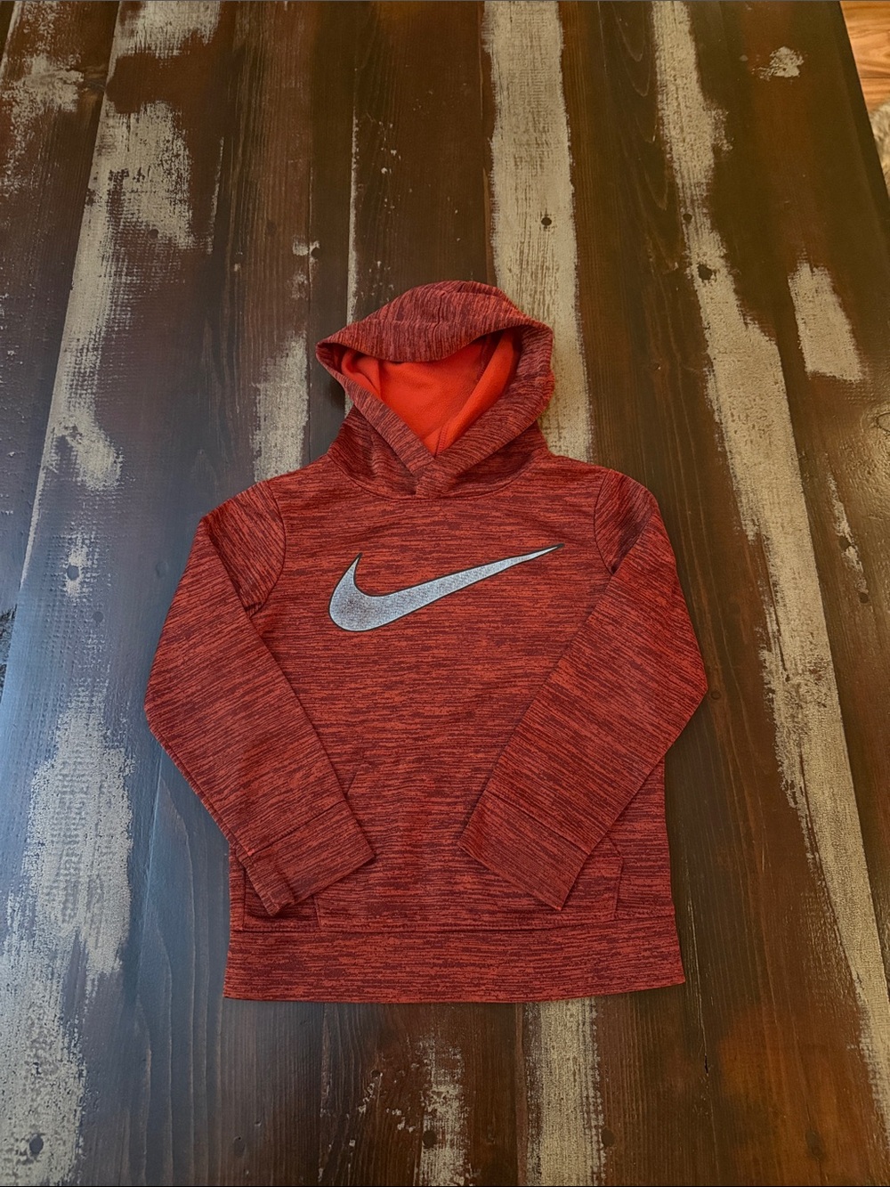 Nike Kids Red Heather Pull-On Hooded Sweatshirt with Silver Swoosh
